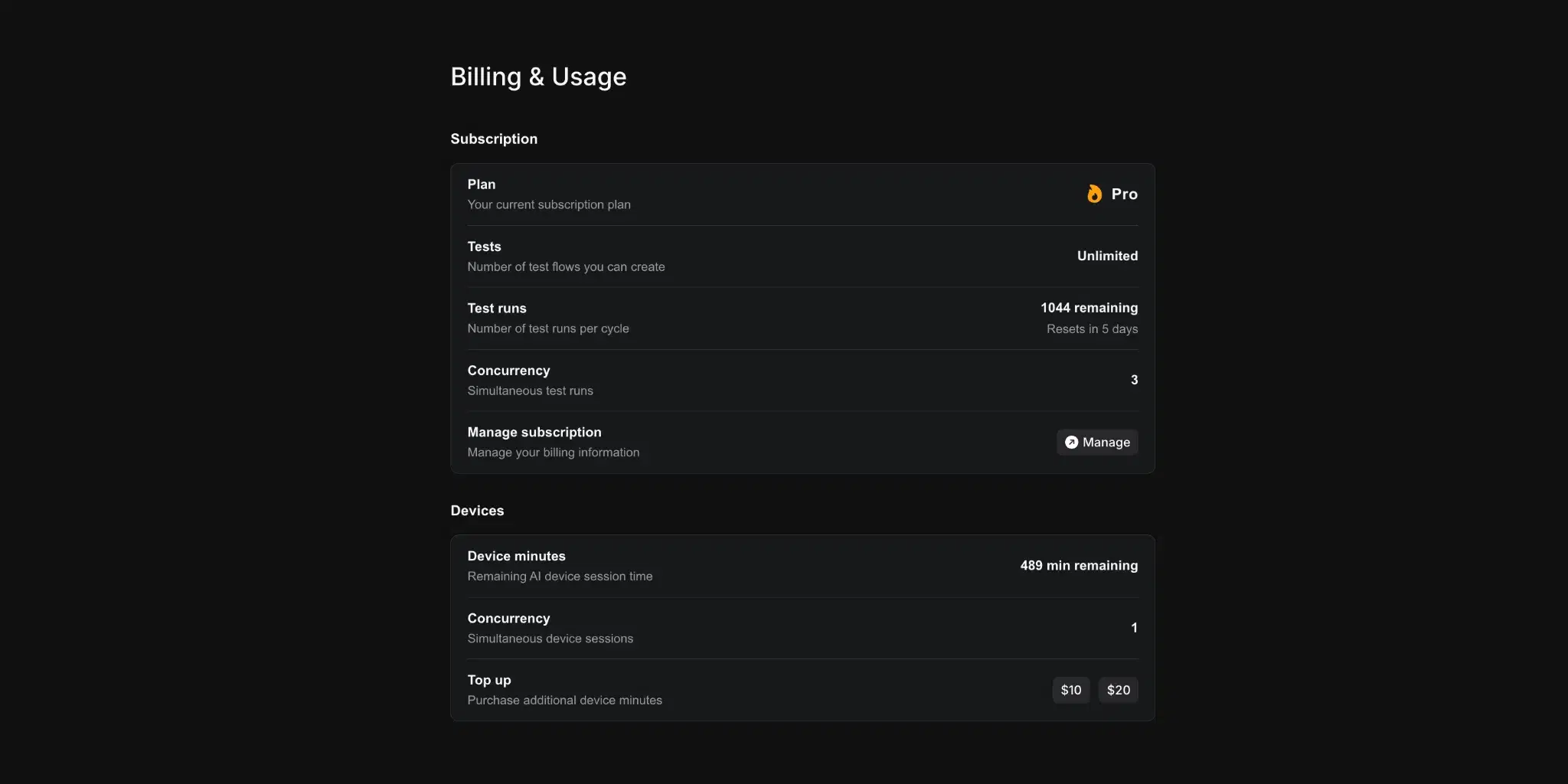 Billing and usage page