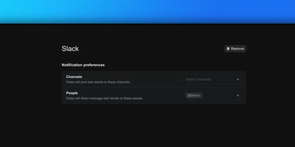 Slack integration settings page